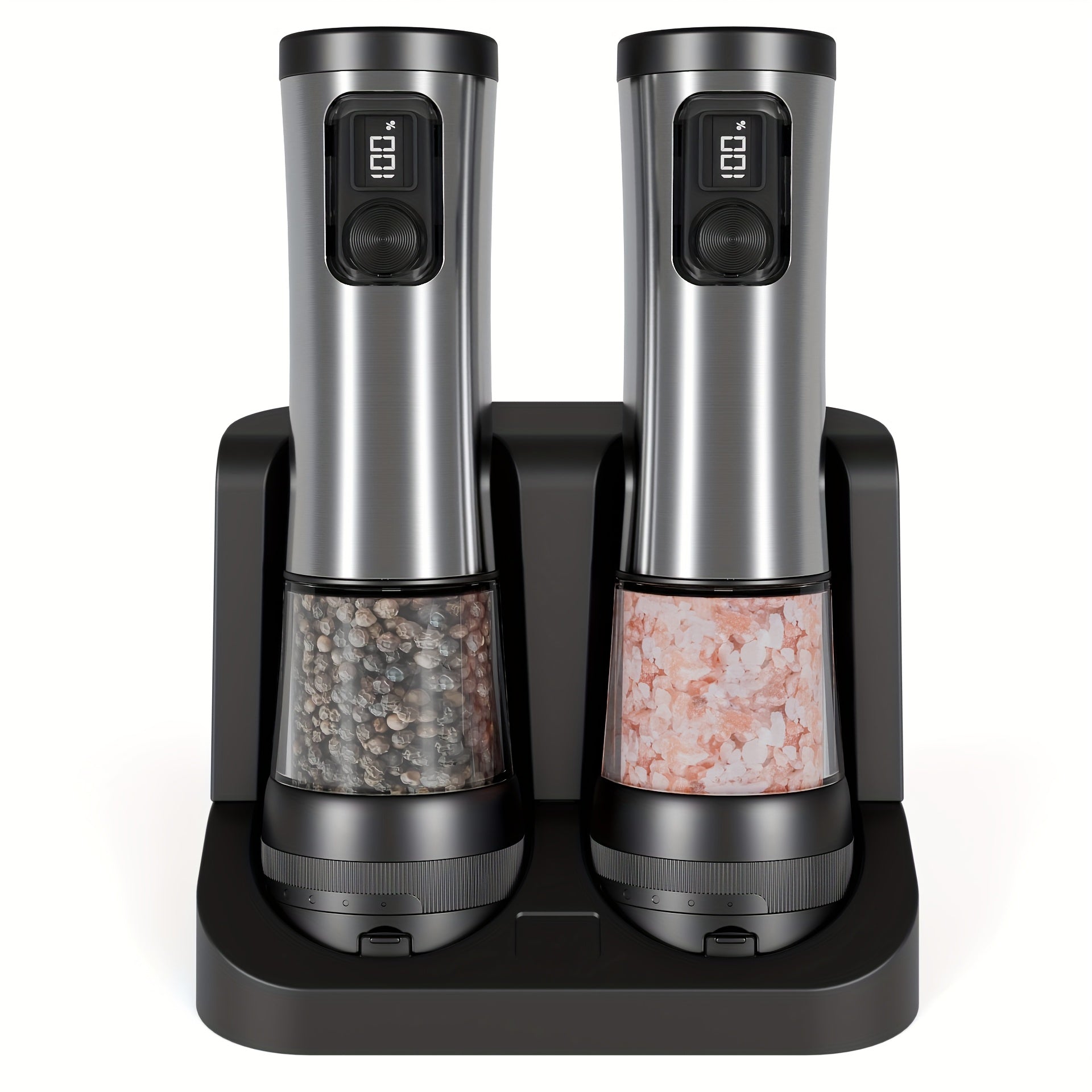2pcs, Stainless Steel Electric Pepper Salt Grinder with LED Display, Combination Base and USB Charging, Roughness Adjustable, Large Capacity Pepper Salt Grinder, Suitable for Kitchen, Restaurant and Outdoor Use, Ideal Choice