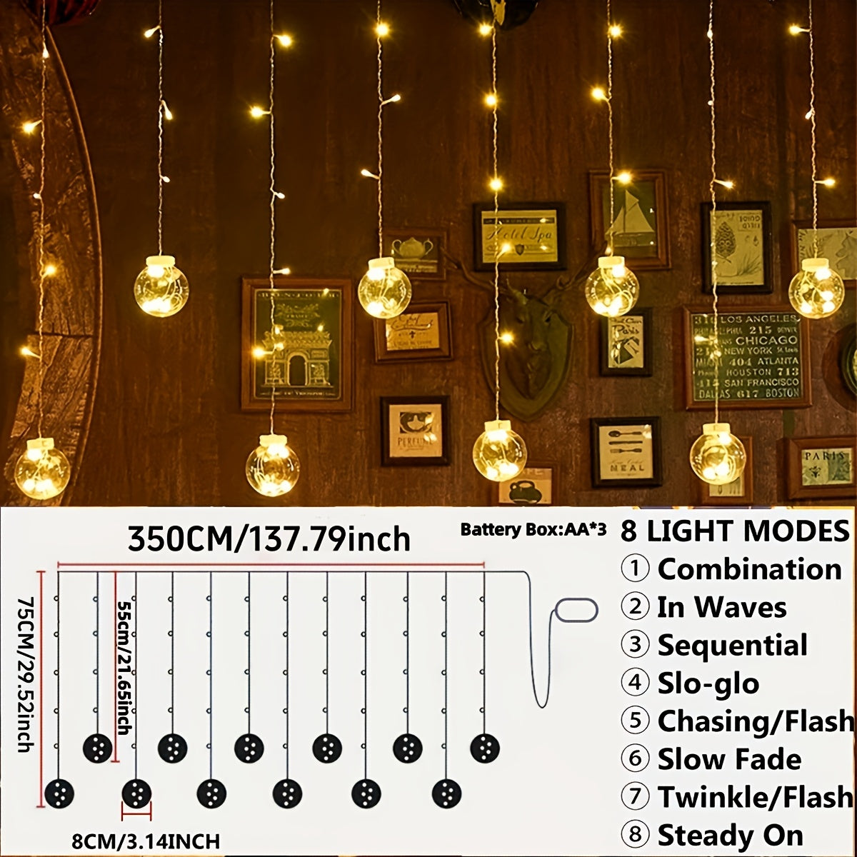 3.0 meter Fairy Light String with 108 LED Bulbs - 12 Clear Spherical Lights, Battery-Powered, No Plug Needed, Wall-Mounted, Perfect for Christmas, Valentine&Apos;S Day, Birthdays, And Indoor Holiday Decor, Indoor Holiday Deco