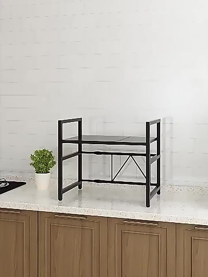 1pc Adjustable Metal Microwave Rack, a New Level of Kitchen Storage: Adjustable Length, Multi-Layer Usage, Retractable Microwave Kitchen Shelf for Countertop, Oven Rack, Home Use Rice Cooker Storage Shelf.