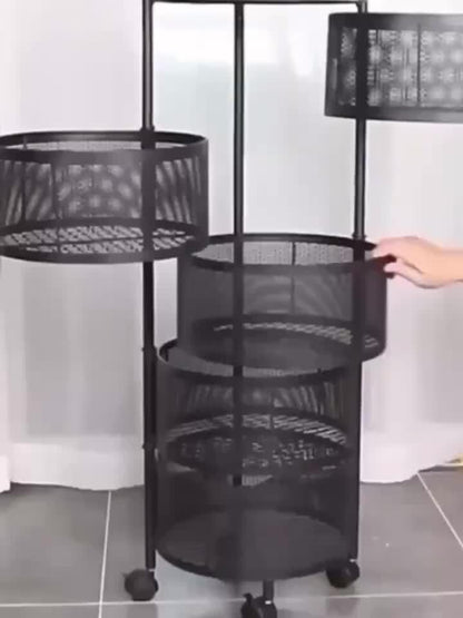 SpinRack CC — Multi-Tier Rotating Metal Shelf with Wheels (Black, No Assembly Required, Minimalist Design)