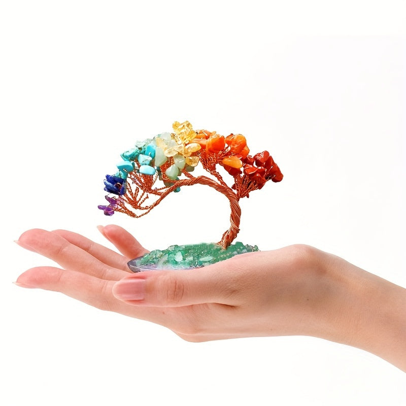 Natural Crystal Feng Shui Seven Chakras Colorful Stone Agate Base Wealth Tree Welcoming Pine, Spiritual Item