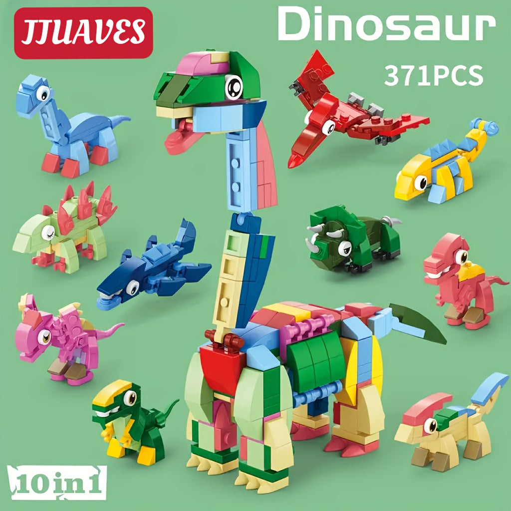 10-in-1 Mini Animal Dinosaur Series Building Block Set, Christmas Gift Assembly Toy with T-Rex Pteranodon Triceratops Ankylosaurus Ceratosaurus Mosasaurus Diplodocus Models, 371pcs for 10 Small Figures or 1 Large Model