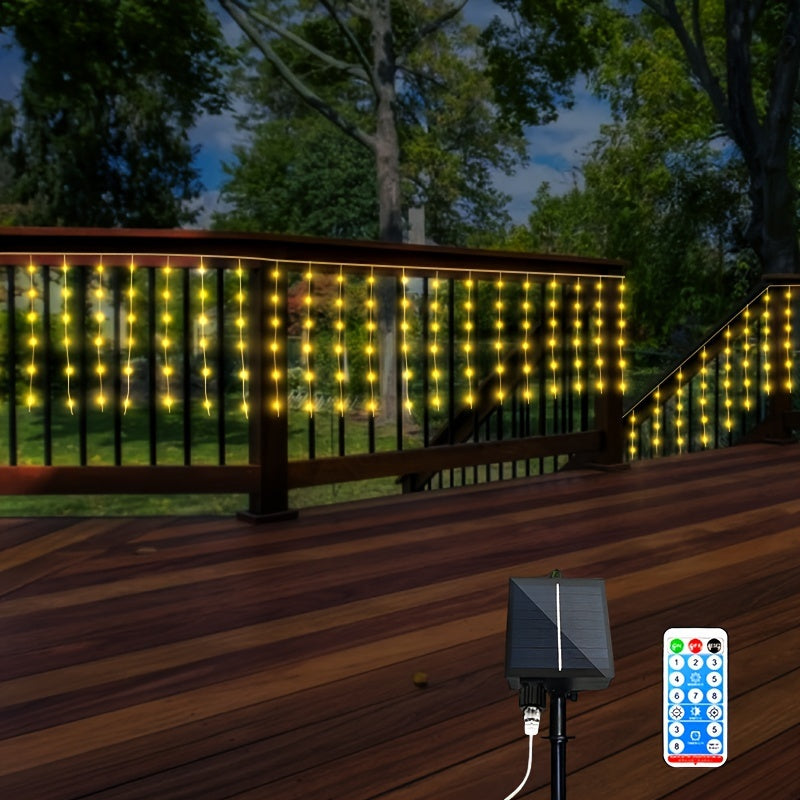 1 pack, outdoor solar 59.98meter x 7.19meter curtain cord light, IPX4, 8 modes of remote control waterfall light, courtyard garden balcony birthday party wedding decoration light, commercial lighting atmosphere string light,