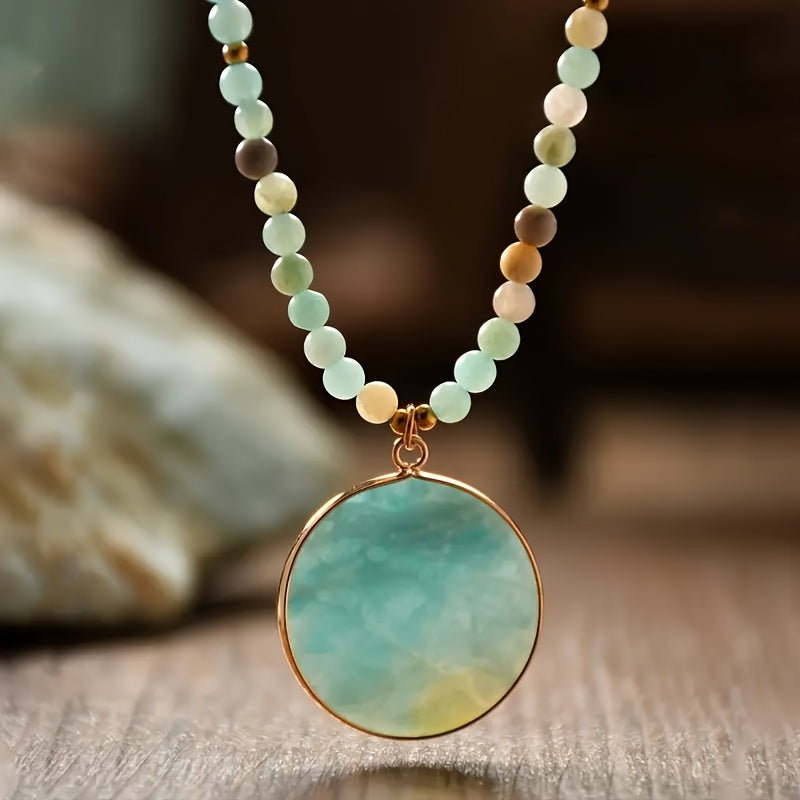 1pc Natural Stone Round Amazonite Pendant Necklace - Bohemian Style Multicolor Bead Chain Jewelry for Women, Casual Attire & Summer Vacation Gift, Year-Round Versatile Accessory