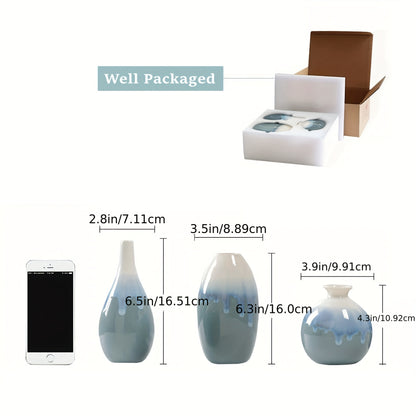 TrioZen VA — Set de 3 Jarrones de Cerámica Pequeños (Estilo Boho Minimalista, Patrón de Pintura en Tinta)