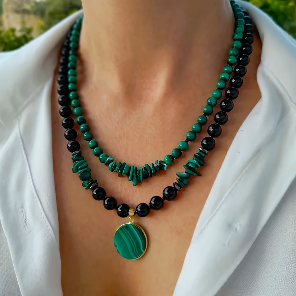 2pcs/Malachite and Black Agate Double-Layered Necklace Set for Women, Handmade Jewelry with Large Natural Stone Pendant and Multi-Strand Beads, Birthday Gift for Mom