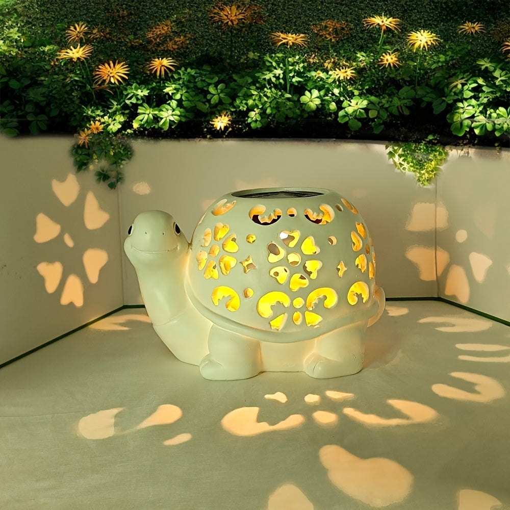 TortuLuz TT — Lámpara Solar de Jardín en Forma de Tortuga con Detalles Florales (Estilo Rústico, Resina)
