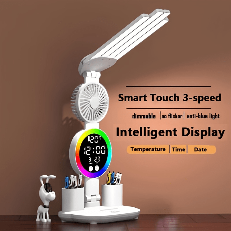 Limited Time Flash Deal 2025 New USB Smart Touch Control LED Desk Lamp - Dual Head, Adjustable Brightness and Color Changing Reading Light with Built-in Fan & Nightlight Eye Protection Design for Home Office Study in the Bedr