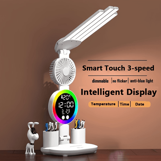 BreezeLite JX — Dual-Head LED Desk Lamp with Built-in Fan and Night Light (Button Control, USB, Eye Protection)