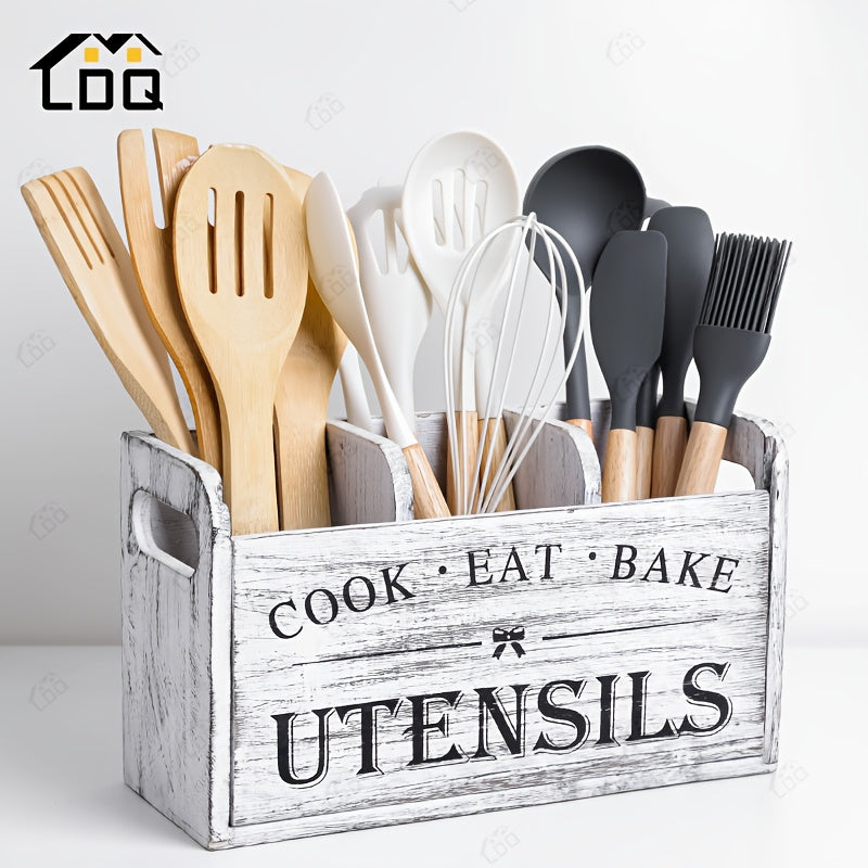 LDQ 1pc 3-Compartment Rustic Wooden Kitchen Utensil Holder, Countertop And Wall-Mounted Kitchen Storage Utensils, Kitchen Organization And Storage, Kitchen Accessories for Fork, Spoons, And More Cook Utensils | Multi-Purpose