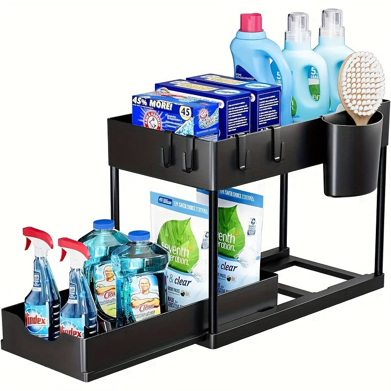 2-Tier Sliding Under Sink Organizer with Metal Frame - Black/White Plastic Storage Basket for Kitchen Spices, Cosmetics & Accessories, Multi-Purpose Bathroom Cabinet Drawer Shelf, Kitchen Organizer | Sleek Storage Solution |