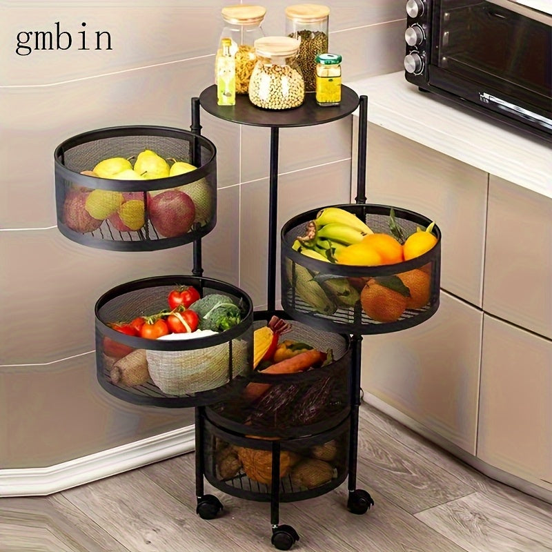 Easy No-Assembly Rotating Metal Storage Rack - Multi-Tier Black Wire Mesh Fruit & Vegetable Organizer with Wheels for Kitchen, Living Room - Sturdy Floor-Standing Shelf, Space-Saving Modern Home Decor, Minimalist Design, Dura