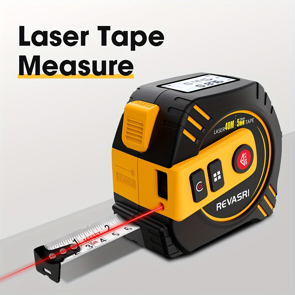 REVASRI 2-in-1 Laser Measuring Tool - 131ft/40m Laser Distance Meter & 16ft/5m Tape Measure, USB Rechargeable with LCD Display, Supports Pythagorean Theorem, Area & Volume Calculations, Feet/Inches/Meters Switchable, Ideal fo