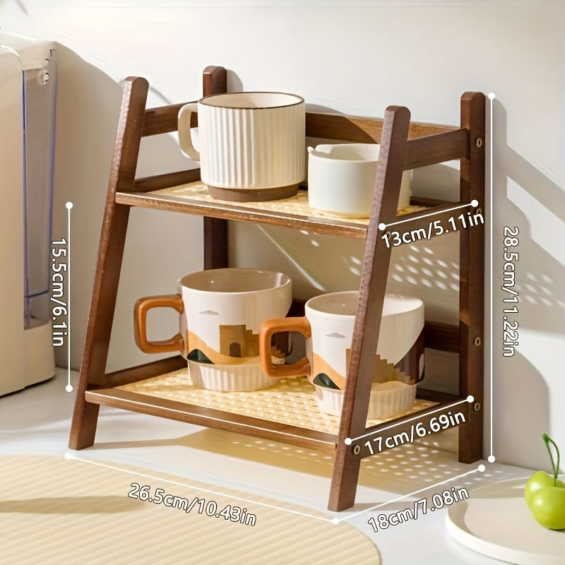 Double layer wooden cup storage rack, 26cm/10 inch artificial rattan mug organizer, suitable for kitchen and living room, compact desktop rack, can hold mugs, cups and small items, durable wooden material, space saving design