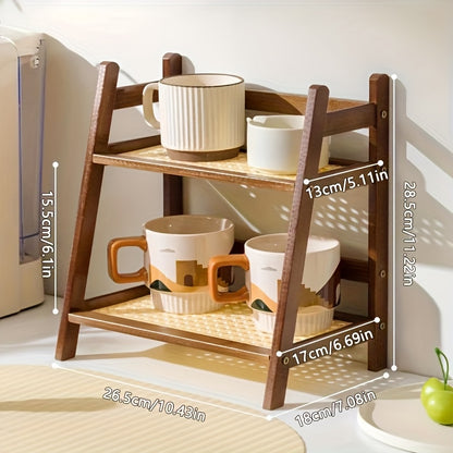 RattaCup BD — Organizador de Tazas de Doble Nivel con Estructura de Madera y Ratán Artificial (26 cm, Diseño Compacto de Escritorio)