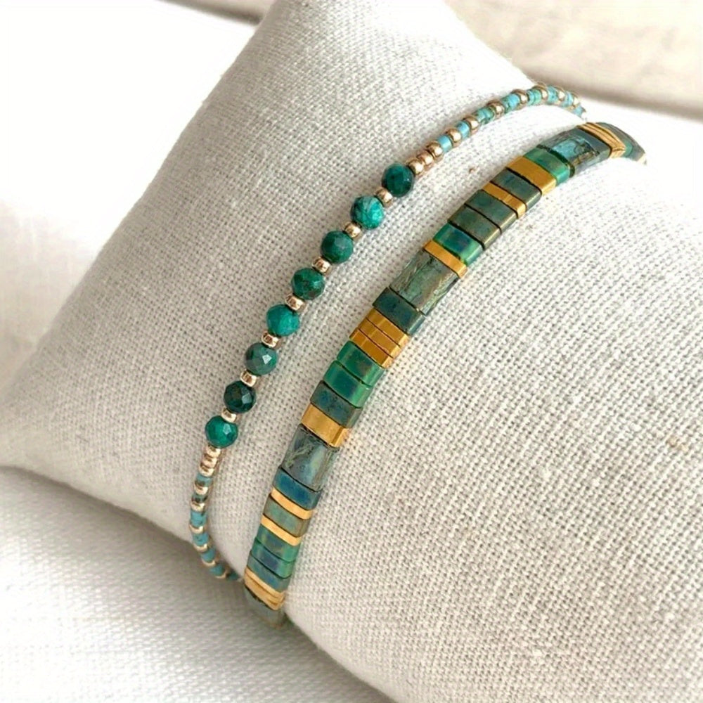 VerdeAura — Set de 2 Pulseras Bohemias con Cuentas de Vidrio y Piedras Semipreciosas