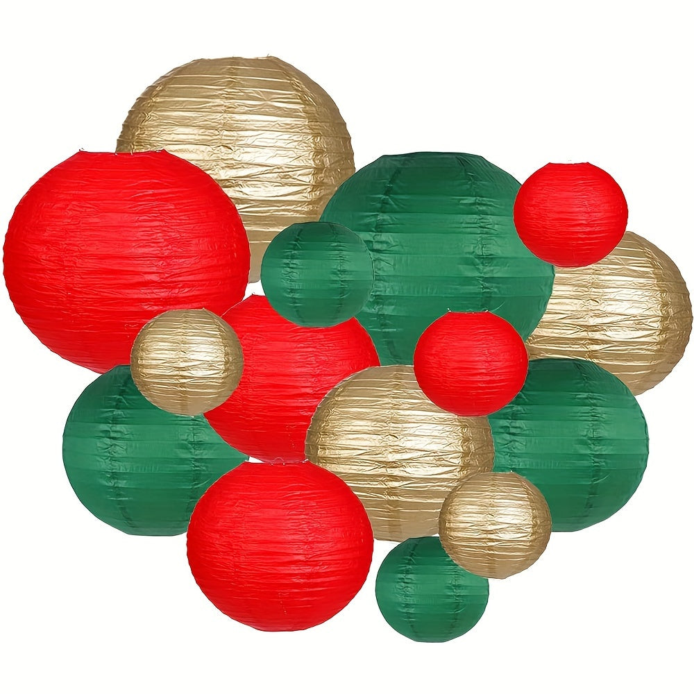 15pcs, Christmas party decoration paper lanterns, 3 25cm, 6 20cm, 6 15cm paper lanterns, 15 sets, suitable for Christmas/New Year room decoration, to increase the festive atmosphere, red, dark green, gold,