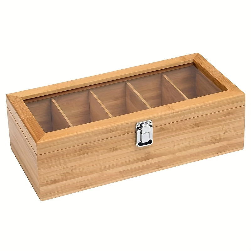 1pc Bamboo Tea Bag Organizer with Transparent Glass Lid - Multi-Compartment Storage Box for Tea, Coffee, and Desk Supplies, Natural Wood Finish, Colorful Tea Bag Display, Perfect for Kitchen or Office Organization, Tea Storag
