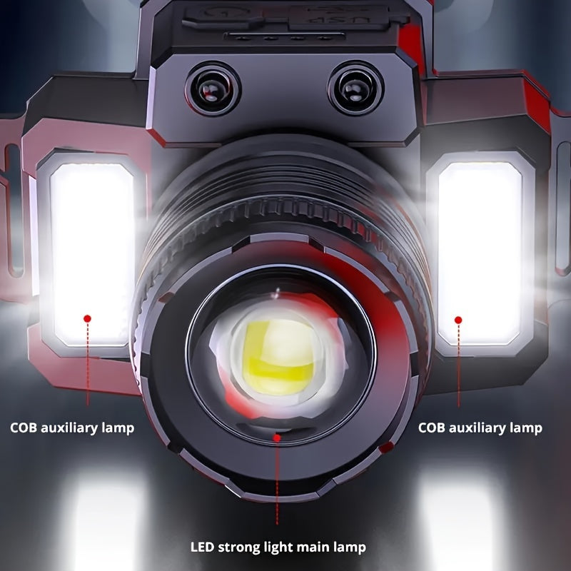 1pc HXP50+COB Rechargeable LED Headlamp, Hands-Free Head Mount Torch with Infrared Sensor Switch, 1500mAh Lithium Battery, USB Cable Included, for Outdoor Camping, Fishing, Climbing, Emergency Light