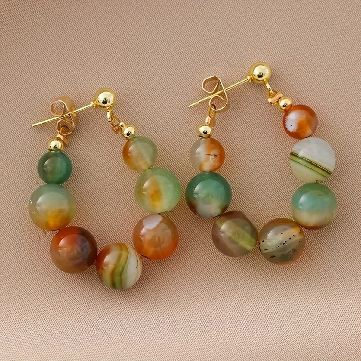 Pair of Vintage Bohemian Beaded Drop Earrings for Women – Colorful Marbled Stone Design, Golden-Tone Hooks, Perfect for Parties, Holidays, and Casual Attire, Quirky Earrings