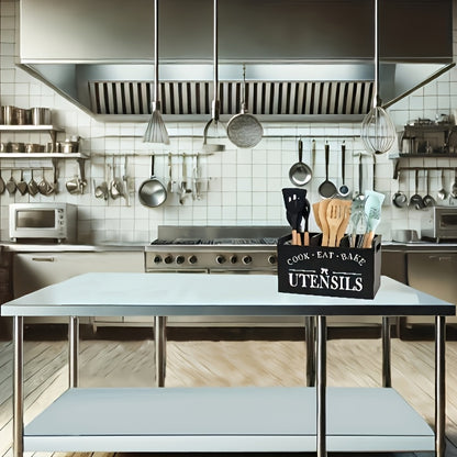 RustiBox LDQ — Organizador de Utensilios de Cocina de Madera con 3 Compartimentos (Montaje en Pared o Encimera, Acabado Barnizado)