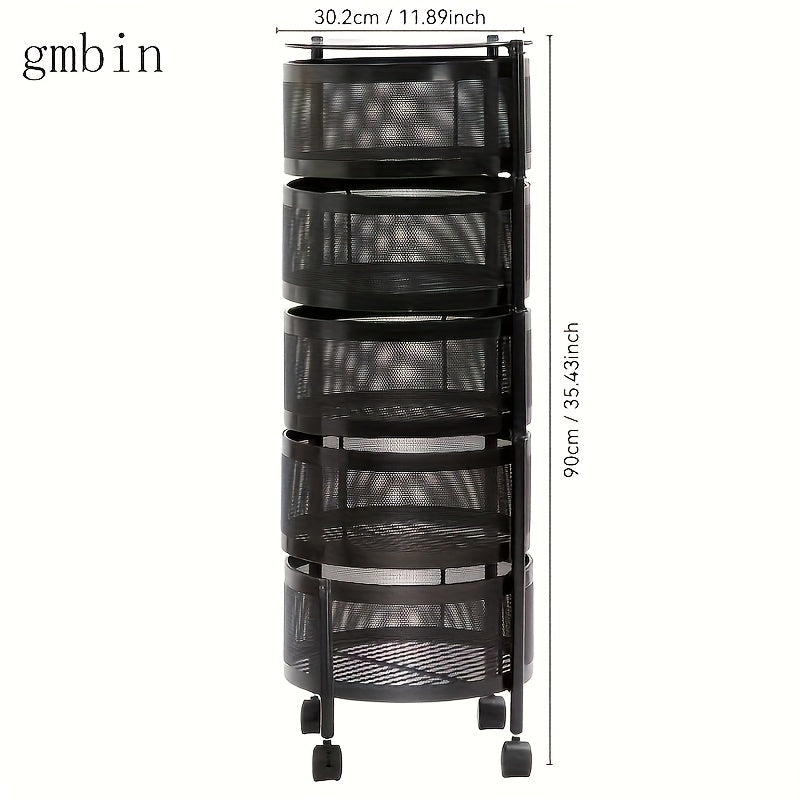 Easy No-Assembly Rotating Metal Storage Rack - Multi-Tier Black Wire Mesh Fruit & Vegetable Organizer with Wheels for Kitchen, Living Room - Sturdy Floor-Standing Shelf, Space-Saving Modern Home Decor, Minimalist Design, Dura