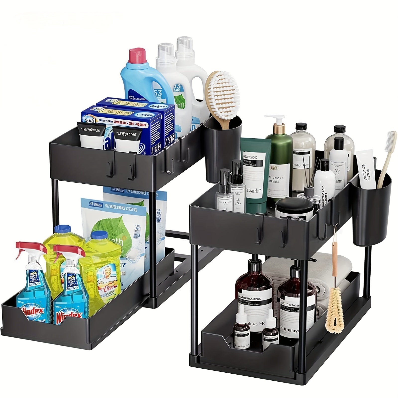 2-Tier Sliding Under Sink Organizer with Metal Frame - Black/White Plastic Storage Basket for Kitchen Spices, Cosmetics & Accessories, Multi-Purpose Bathroom Cabinet Drawer Shelf, Kitchen Organizer | Sleek Storage Solution |