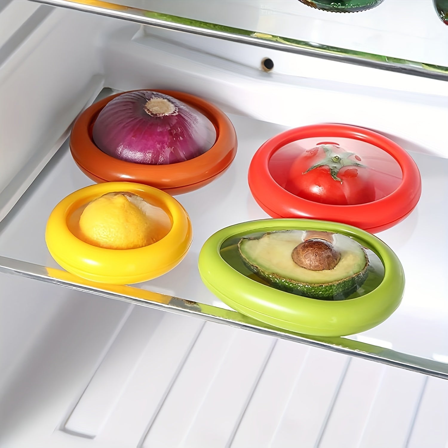 A Set of 4 Silicone Fruit And Vegetable Storage Containers, Reusable Fridge Storage Boxes, Ideal for Preserving Avocados, Tomatoes, And Perfect for Garlic, Onions, Lemons, And Potatoes.