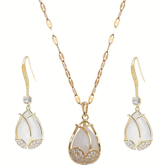 Tulip Shine — Set de Collar y Aros con Piedra Ojo de Gato (3 Piezas)