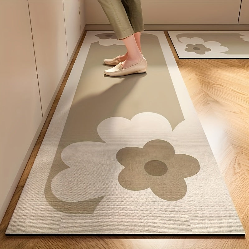 1pc Nordic Style Kitchen Mat - Modern Floral Design with Stripes & Checkered Accents, Rubber Backed Machine Washable Rectangular Mat for Home Decor, Easy-Clean Durable Floor Mat