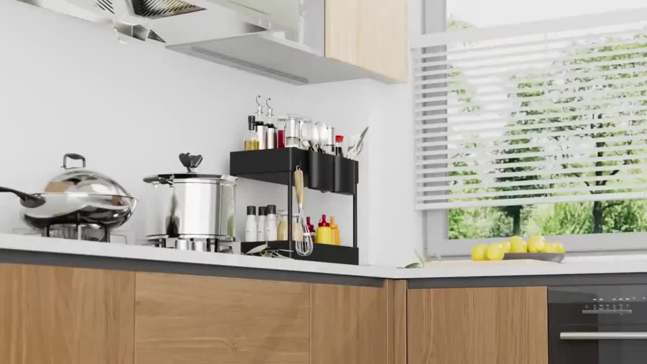 2-Tier Sliding Under Sink Organizer with Metal Frame - Black/White Plastic Storage Basket for Kitchen Spices, Cosmetics & Accessories, Multi-Purpose Bathroom Cabinet Drawer Shelf, Kitchen Organizer | Sleek Storage Solution |