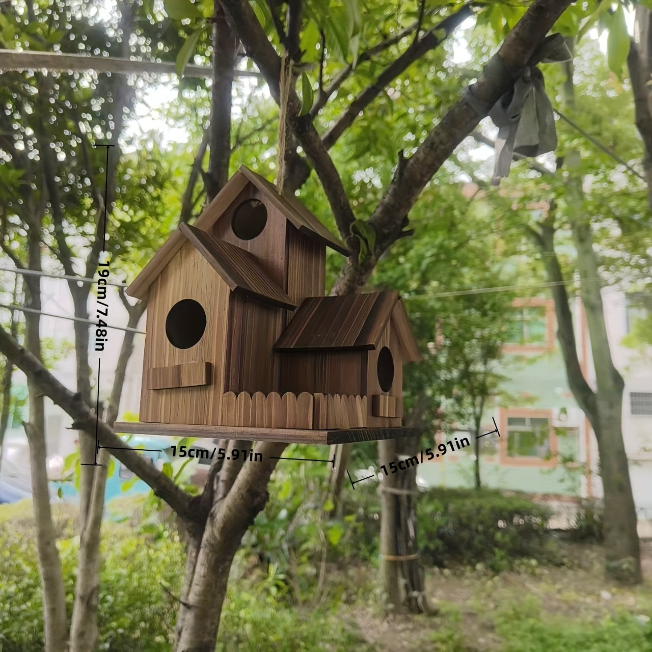 3-Room Rustic Wooden Birdhouse with Multiple Perches & Rooftop Vents - High-Quality Pine Wood Garden Feeder for Birds, Outdoor Weather-Resistant Design, Natural Finish, Without Battery