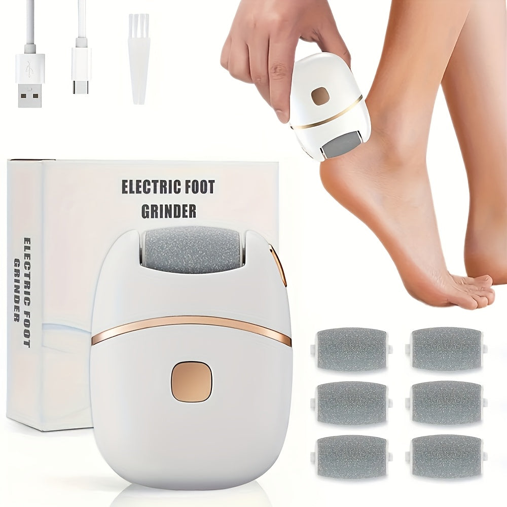 DermoLiss FJ — Exfoliador Eléctrico Recargable para Pies con 6 Cabezales Intercambiables (Blanco y Dorado)