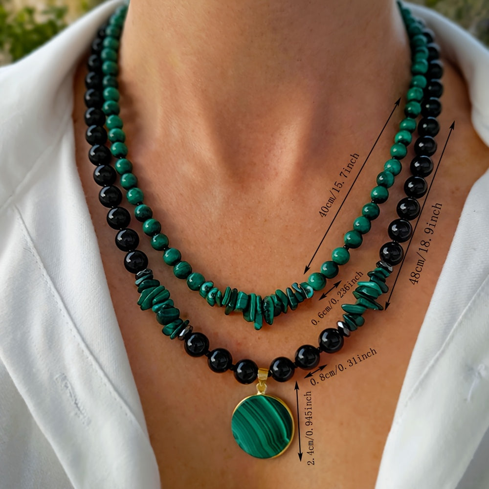 2pcs/Malachite and Black Agate Double-Layered Necklace Set for Women, Handmade Jewelry with Large Natural Stone Pendant and Multi-Strand Beads, Birthday Gift for Mom