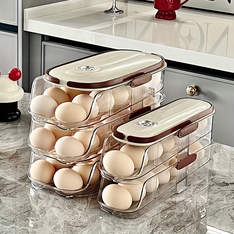 EggSlide CW — Organizador de Huevos para Refrigerador con Rodamiento Automático (1/2/3 Niveles, Material PP+PET, Gran Capacidad)