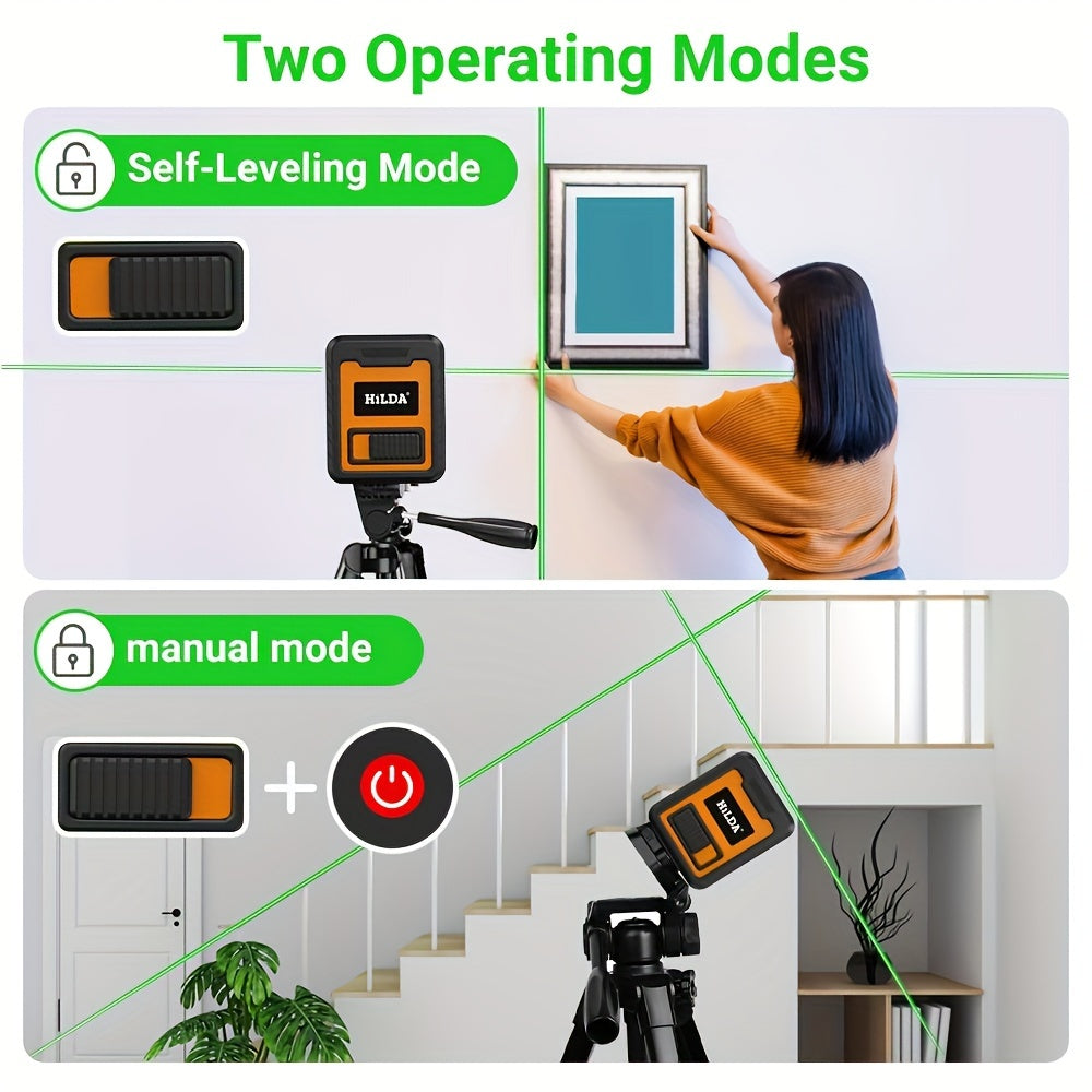 2-line mini laser level, self leveling laser level, horizontal and vertical intersecting ultra green laser beam lines, suitable for DIY, image hanging, and construction sites