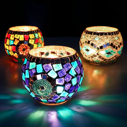 LuzMosaico VH — Set of 3 Turkish-Moroccan Handmade Candle Holders (Crystal with Lacquered Finish, Glam Style)
