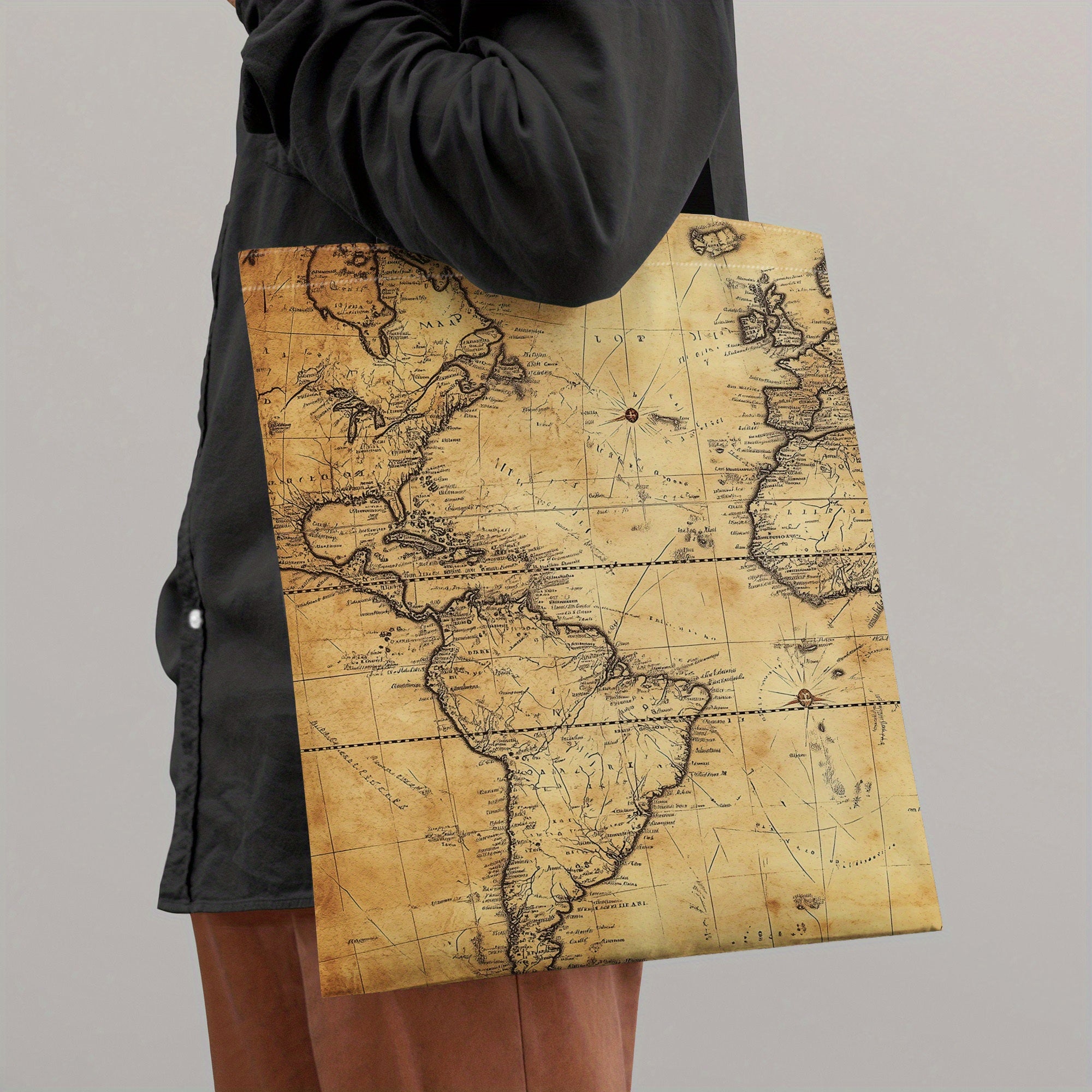 1pc Vintage World Map Canvas Tote Bag - Durable Polyester, Retro Style with Classic Map Design, Perfect for Shopping & Everyday Use, Shopping Canvas Bag|Nostalgic Accessory|Detailed Cartographic Print