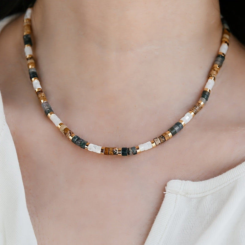 Vintage Bohemian Style Women'S Necklace with Earthy Tones and White Gemstones, Layered Beaded Clavicle Chain Jewelry, Suitable for Parties, Gifts, and Casual Attire