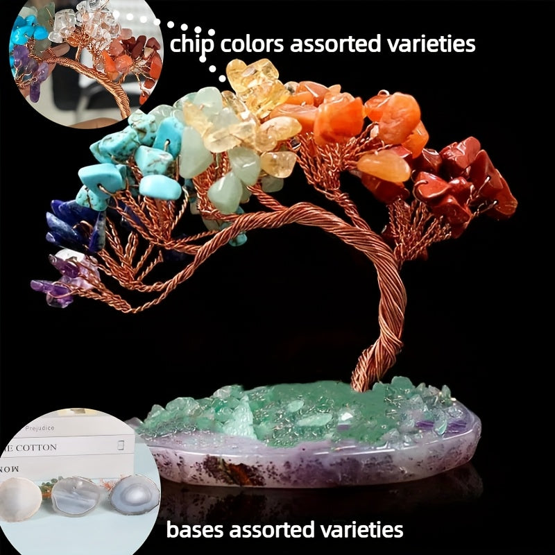 Natural Crystal Feng Shui Seven Chakras Colorful Stone Agate Base Wealth Tree Welcoming Pine, Spiritual Item