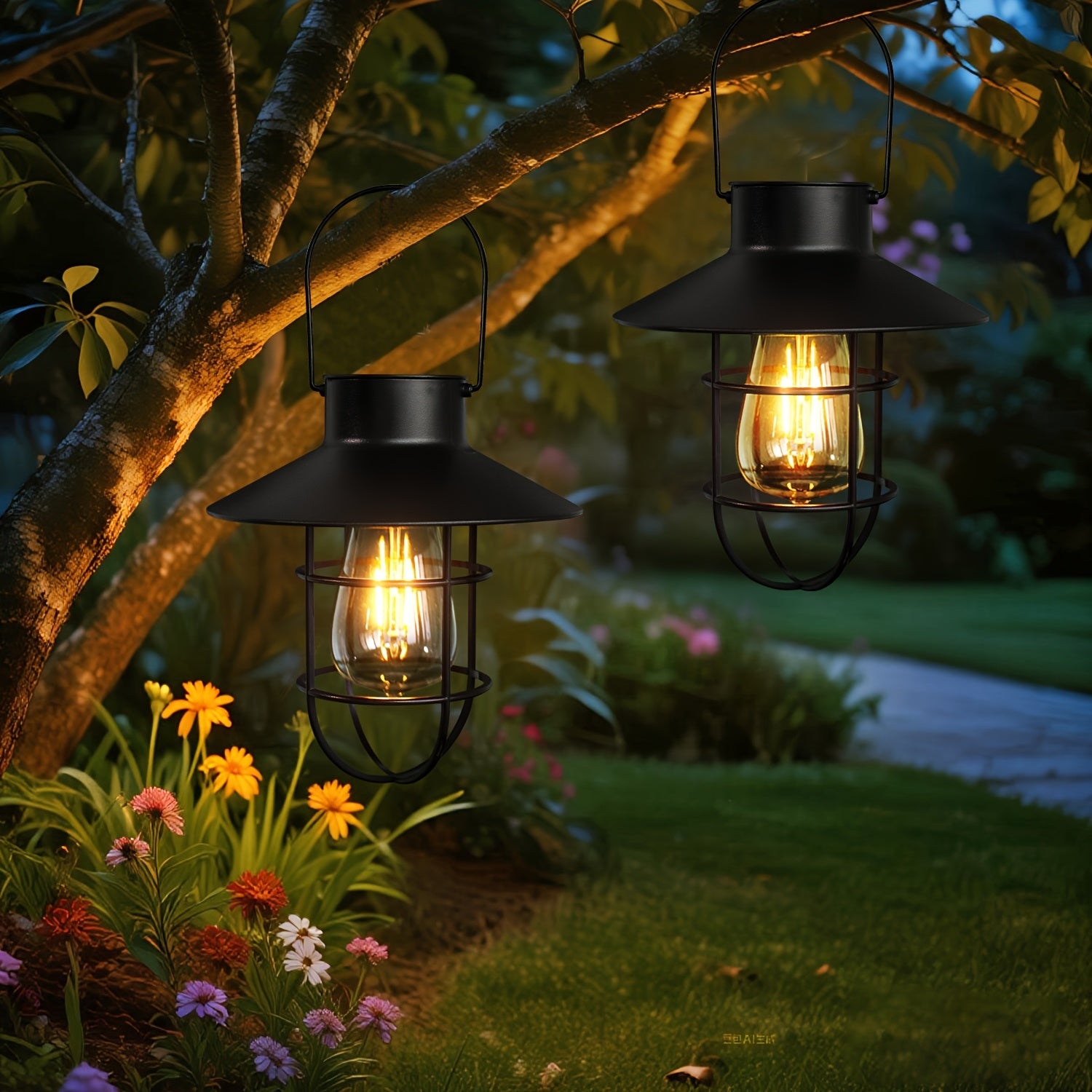 Set of 2 Solar Lanterns, Outdoor Hanging Solar Lights, Vintage LED Solar Lights with Handle for Patio Garden Patio Pathway Lawn Porch Decoration Set of 2 (Black)