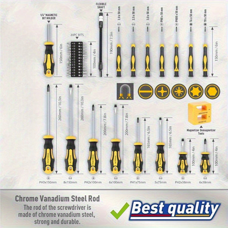 1 Box Upgraded Professional Screwdriver Set with Magnetic Drill Bit Holder - Chrome Vanadium Steel Material, Includes Slotted, Cross, Hex, Precision Tool Screwdriver - Durable Repair Kit for DIY and Industrial Use