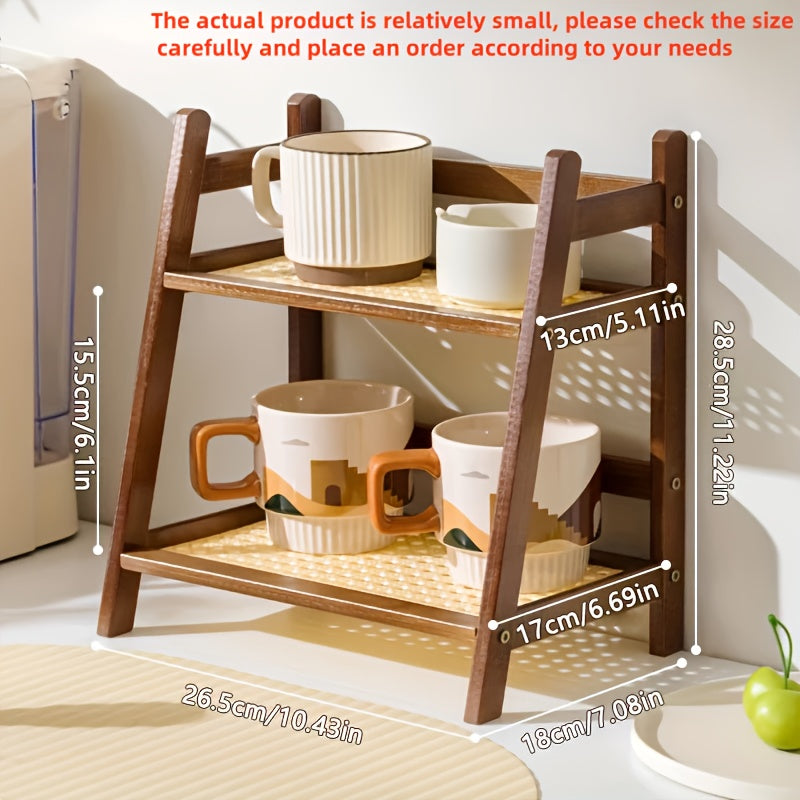 Double layer wooden cup storage rack, 26cm/10 inch artificial rattan mug organizer, suitable for kitchen and living room, compact desktop rack, can hold mugs, cups and small items, durable wooden material, space saving design