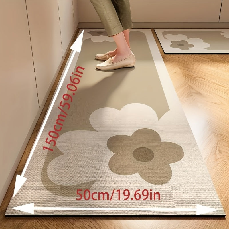 1pc Nordic Style Kitchen Mat - Modern Floral Design with Stripes & Checkered Accents, Rubber Backed Machine Washable Rectangular Mat for Home Decor, Easy-Clean Durable Floor Mat