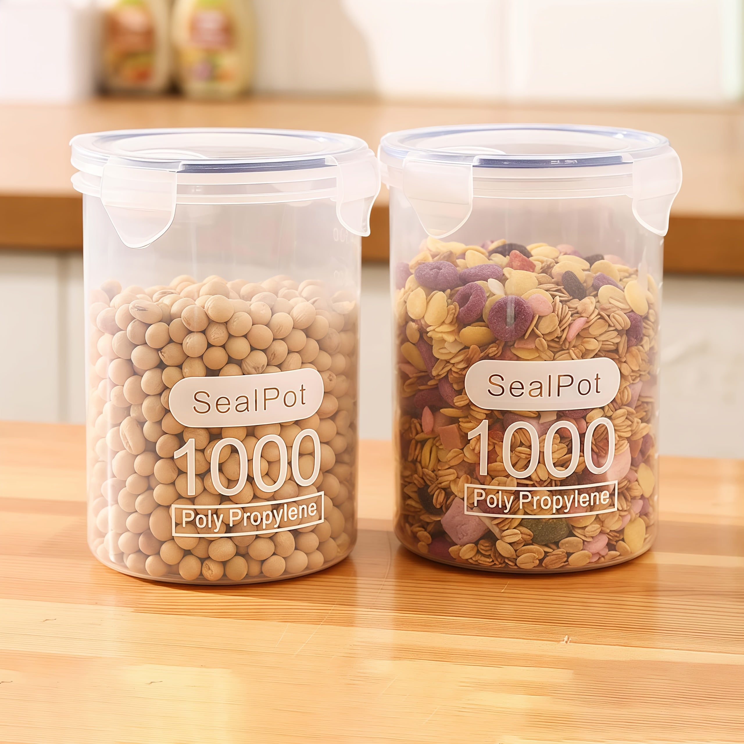 4pcs Large Airtight Grain Storage Jars with Lids - Transparent Pantry Containers, Stackable Kitchen Canisters for Dry Goods, Beans, Rice, Pasta - Leakproof Flip-Top Lid & Easy-Clean Base - Space-Saving Organizer for Pantry, R