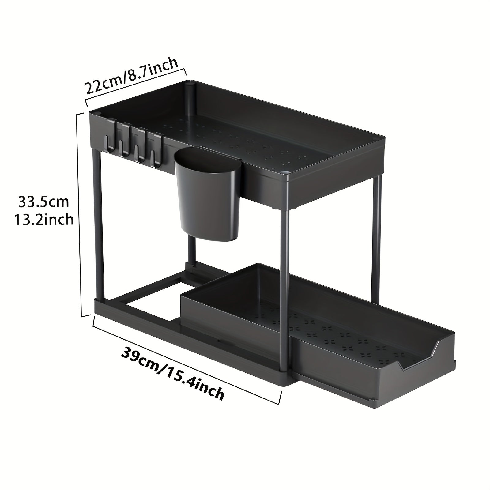 2-Tier Sliding Under Sink Organizer with Metal Frame - Black/White Plastic Storage Basket for Kitchen Spices, Cosmetics & Accessories, Multi-Purpose Bathroom Cabinet Drawer Shelf, Kitchen Organizer | Sleek Storage Solution |