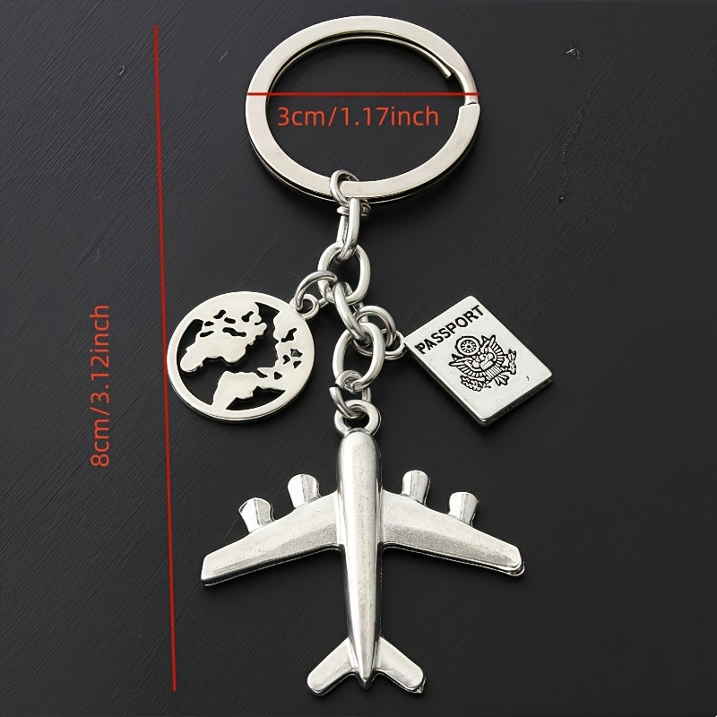 1pc Airplane Luggage Keychain - Travel-Themed Stainless Steel Key Ring with Globe, Airplane & Suitcase Charms - Engraved "Travel with Love" - Durable Gift for Women, Friends, Colleagues - Thanksgiving, Birthday, Farewell Pres