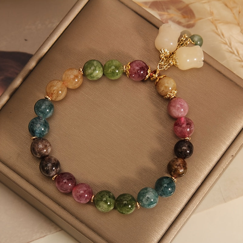 Colorful Natural Stone Bracelet with Floral Pendant, Ethnic Style Bracelet, Perfect Gift for Girlfriend or Best Friend, Suitable for All Seasons