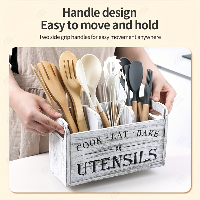 LDQ 1pc 3-Compartment Rustic Wooden Kitchen Utensil Holder, Countertop And Wall-Mounted Kitchen Storage Utensils, Kitchen Organization And Storage, Kitchen Accessories for Fork, Spoons, And More Cook Utensils | Multi-Purpose