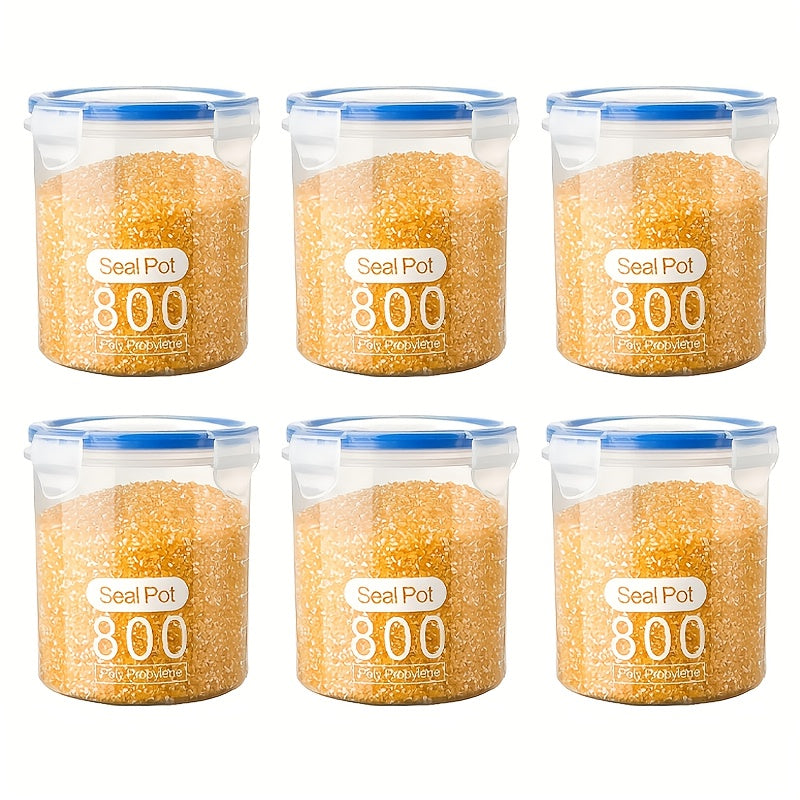6pcs Sealed Food Storage Container Set, Grain Storage Box - Transparent Plastic, Stackable Sealed Jar, with Blue Lid, Suitable for Kitchen Finishing - Very Suitable for Grains, Nuts, Tea, Etc.